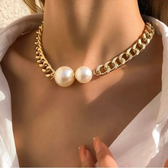 Gold Link Pearl Chain Choker Necklace - Picture 2 of 7